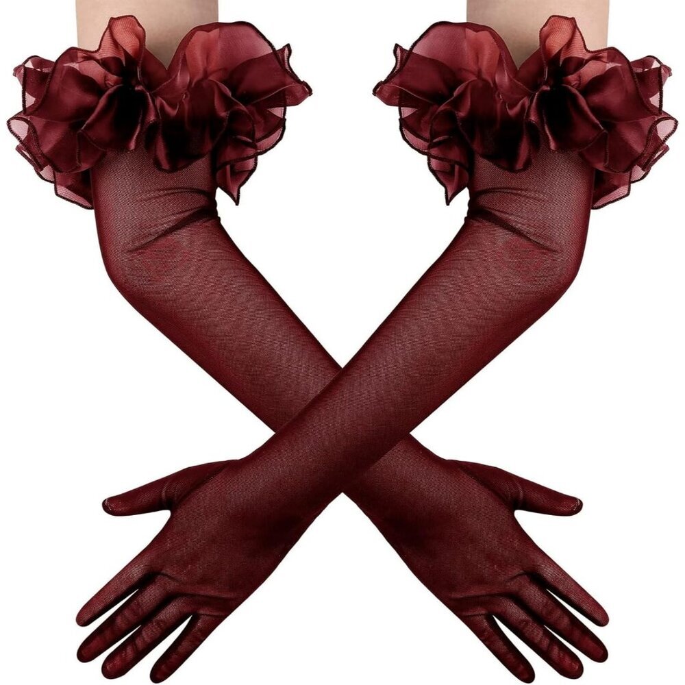 Women's Long Burgundy Ruffle Puff Cuff Sleeve Mesh Gloves Wedding Party Costume